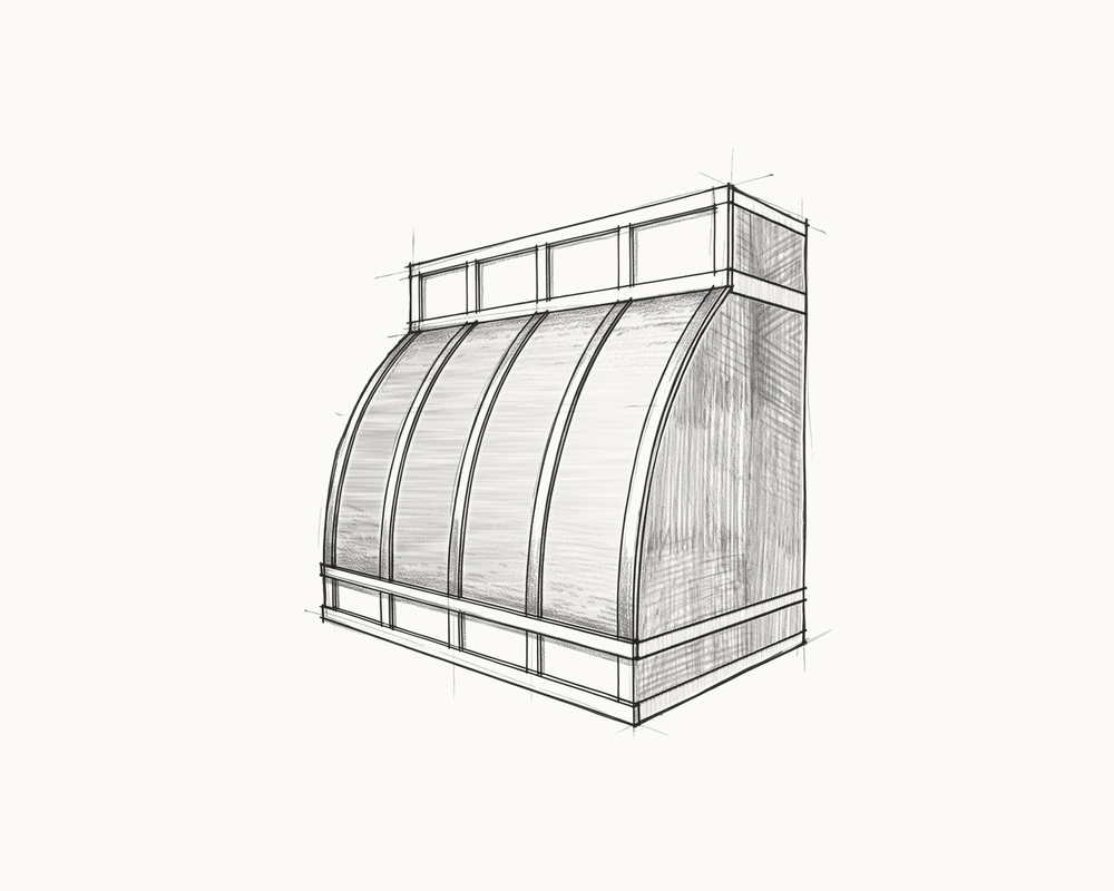 Sketch of a curved wall hood with four straps, between a panelled crown band and a panelled base band