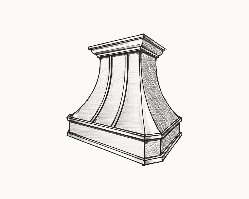 Sketch of a wide curved canopy hood with raised trims