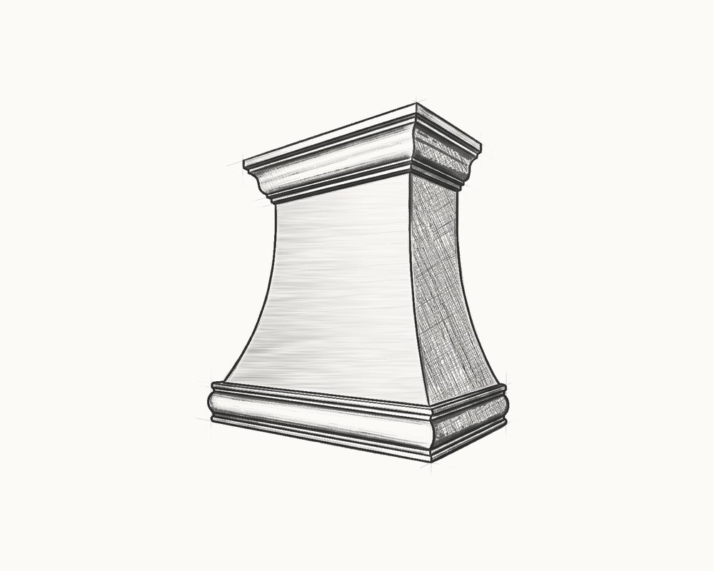 Sketch of a tall curved hood with a moulded crown and base