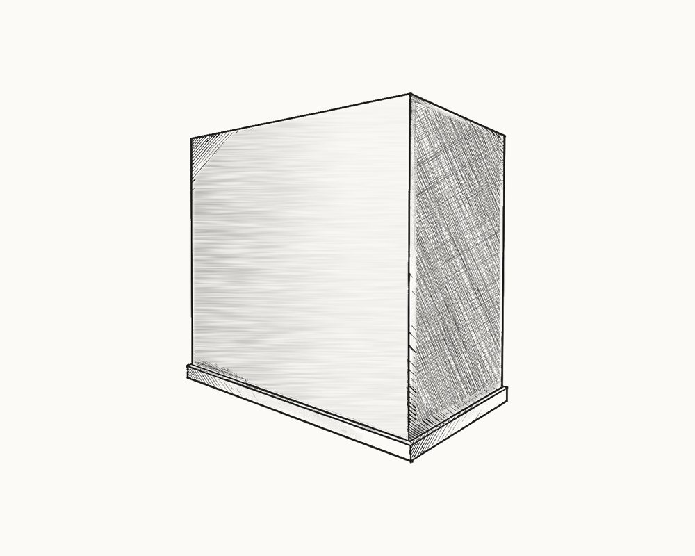 Sketch of a plain flat-fronted box hood on a slim base band