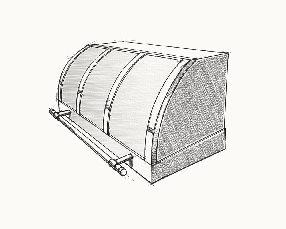 Sketch of a curved barrel hood with four straps over a plain base with a towel bar