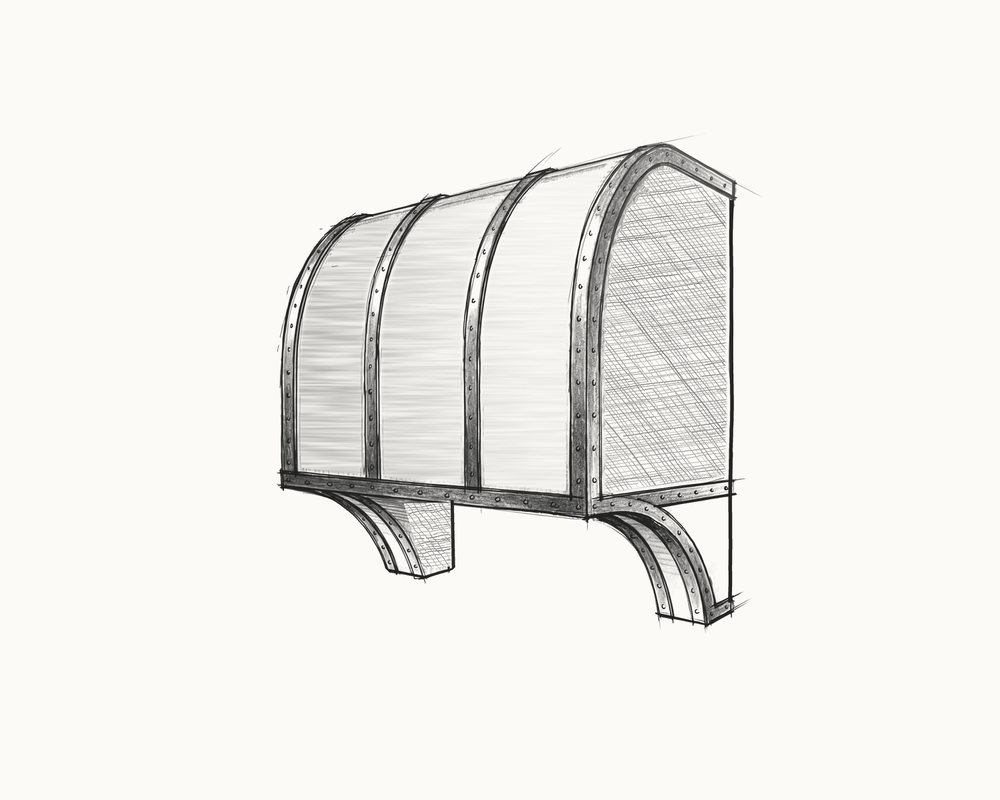 Sketch of a rounded hood wrapped in riveted bands, carried on two curved riveted brackets