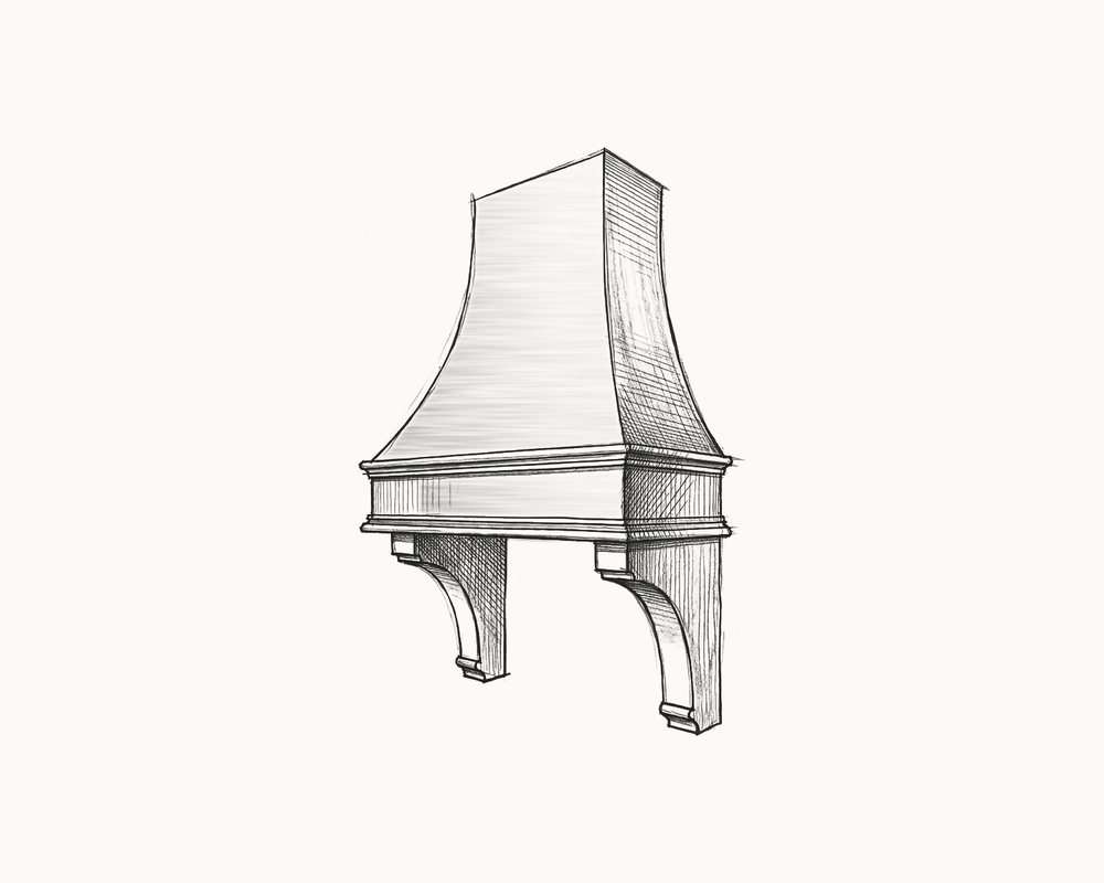Sketch of a smooth flared hood over a moulded band, carried on two tall scrolled corbels